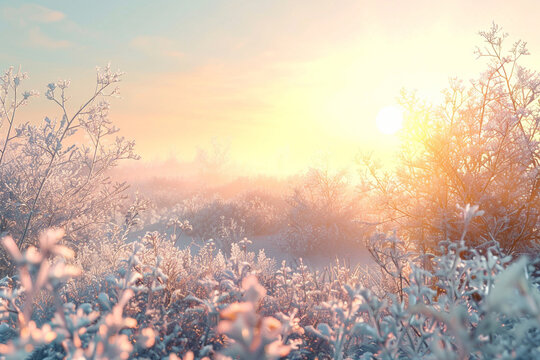 3d render of a serene frost covered meadow under a sun that never fully rises casting eternal dawn