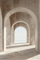 Fototapeta na wymiar 3d render of a series of minimalist arches casting soft shadows in a desert landscape