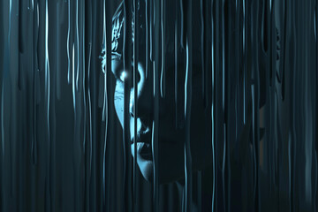 Obraz premium 3d render of a silhouette of a face appearing within a curtain of falling dark liquid