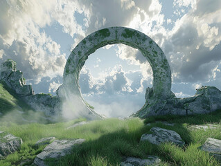 3d render of a simple celestial portal framed by ancient ruins on a grassy hill - obrazy, fototapety, plakaty