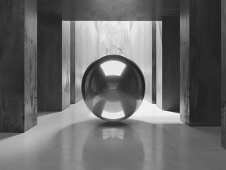 3d render of a sleek metallic sphere suspended in a void reflecting a monochrome light