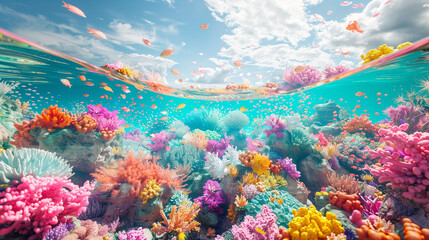 Fototapeta na wymiar 3d render of a surreal vibrant coral reef on land where sea creatures swim through the air