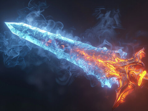 3d render of a sword forged from ice and fire its blade half frozen half blazing