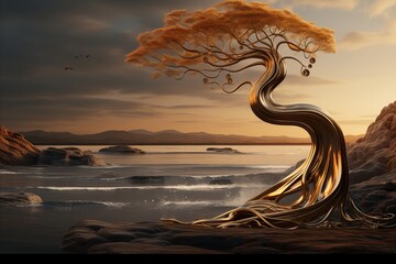 A twisted tree by the water in a natural landscape
