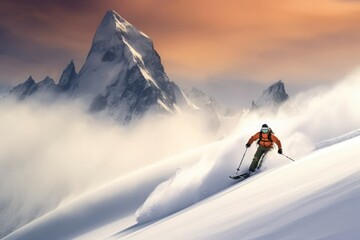 Naklejka na ściany i meble Skier mountains snow fun. Free resort. Generate Ai