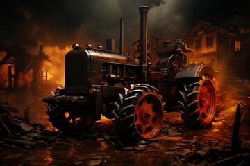 Futuristic fiery farmer tractor.