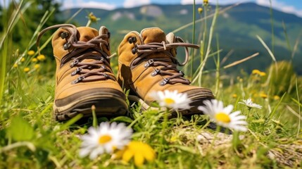 Pair of touristic boots on moss in forest flower.