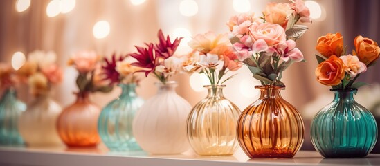 Beautiful flower in glass vases on the table with soft bokeh city light at night.