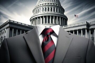 A man in a suit and tie stands in front of the Capitol building, a city landmark