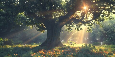 Magic forest the sun's rays pass through the trees, shadows. Big old tree in the center. Beautiful forest fantasy landscape. Unreal world. 3D illustration. 