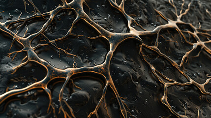 3d render of a void punctuated by streams of black liquid creating a network of veins