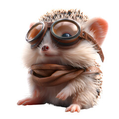 A 3D animated cartoon render of a hedgehog wearing aviator goggles.