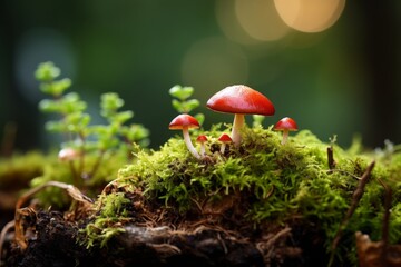 Mushrooms growing on mosscovered log in natural landscape