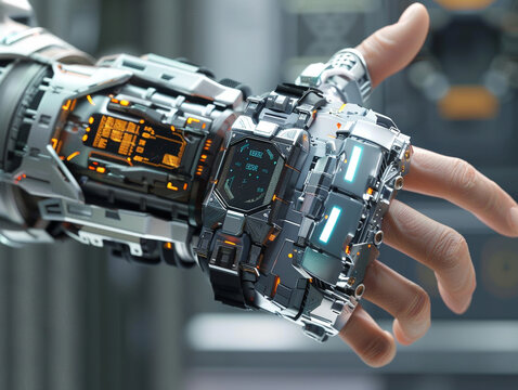3d render of a wrist mounted quantum disintegrator with a sleek interface