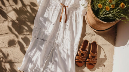A breezy white kaftan with a slit up the side paired with simple brown leather sandals for a bohemianinspired beach look.