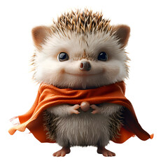 A 3D animated cartoon render of a playful hedgehog in a superhero cape.