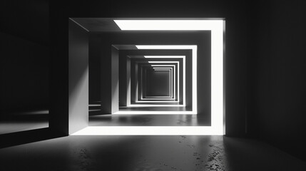 A 3D rendered tunnel with glowing frames receding into darkness