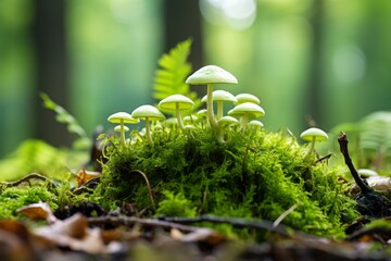 Mushrooms sprouting from mosscovered ground in a forest