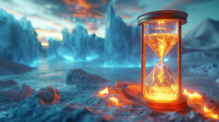3d render of an hourglass where sands of fire flow into a lower chamber of ice