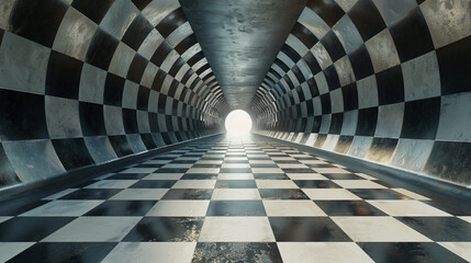 3d render of an infinite tunnel with a checkerboard pattern floor