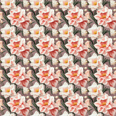Hyper Realistic Illustration of Pink and White Daffodil Plants on Solid Background Seamless Pattern