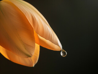 Photography of a droplet hanging from the petal of a tulip shot in soft light