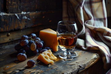 Photography of a glass of port wine with cheese and grapes on an old wooden table