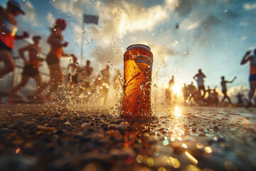 Photography of a high energy sports drink at the finish line of a marathon