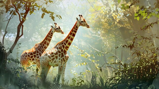 Pair of giraffes in the habitat. wildlife animal, digital art,