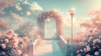 Majestic floral arch gate in heavenly aesthetic land