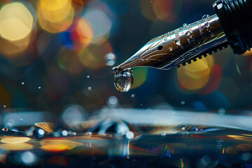 Photography of a water droplet on the tip of a vintage fountain pen symbolizing creativity - obrazy, fototapety, plakaty
