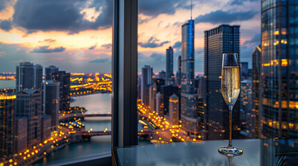 Photography of an elegant flute of champagne with a city skyline view from a high rise - obrazy, fototapety, plakaty