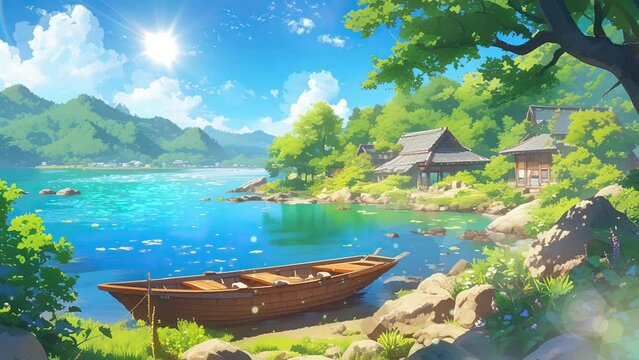 Anime wooden boat on the lake. Peaceful lofi loop animation. 