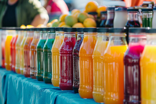 Photography of an array of organic fruit juices in a farmers market setting