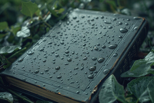 Photography of dewdrops on a forgotten book in a garden blending literature and nature
