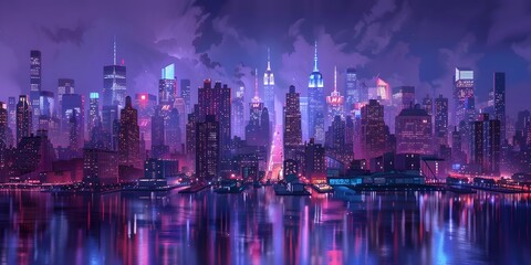Manhattan Midtown skyline panorama at night, New York. New York skyline. Concept digital illustration 