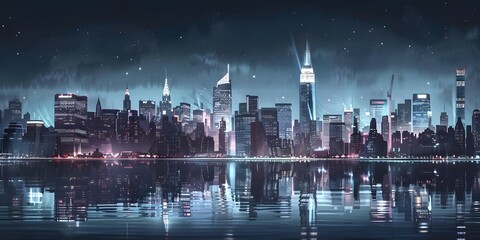 Manhattan Midtown skyline panorama at night, New York. New York skyline. Concept digital...