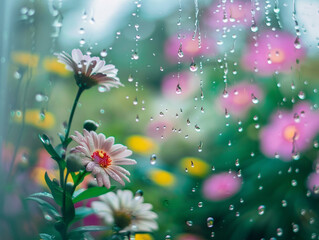 Fototapeta na wymiar Photography of raindrops on a window with a blurred garden in full bloom behind