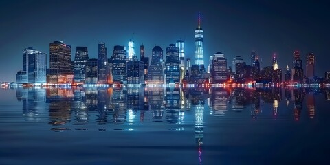 Manhattan Midtown skyline panorama at night, New York. New York skyline. Concept digital illustration
