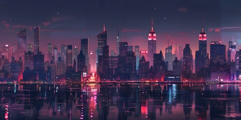 Manhattan Midtown skyline panorama at night, New York. New York skyline. Concept digital illustration
