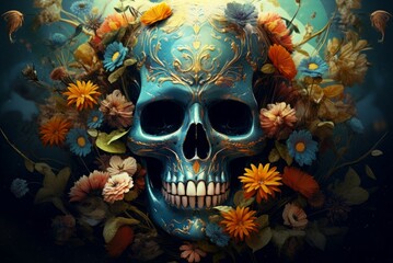 Skull flowers art. Vintage art dark. Generate Ai
