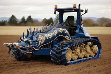 A blue land vehicle, with a dragon on the back, parked in a grassy field