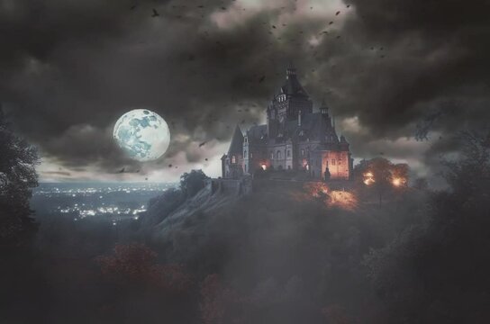 Haunted castle on top of hilltop at night