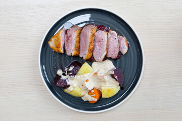 Duck breast with roast vegetables.