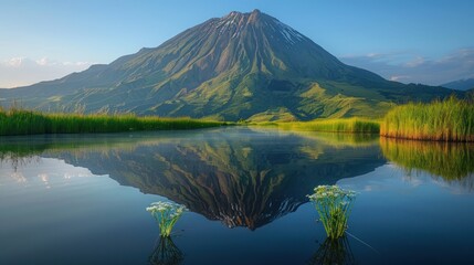 Naklejka na ściany i meble The volcano is reflected on the lake, Volcanic mountain in morning light reflected in calm waters of lake.