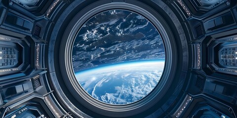 Porthole of the space station. SciFi Spaceship Corridor 3d rendering, shuttle interior. window to the open space view. The Porthole Of the Spacecraft. - obrazy, fototapety, plakaty