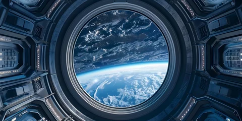 Foto op Canvas Porthole of the space station. SciFi Spaceship Corridor 3d rendering, shuttle interior. window to the open space view. The Porthole Of the Spacecraft. © Ziyan