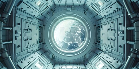 Porthole of the space station. SciFi Spaceship Corridor 3d rendering, shuttle interior. window to...