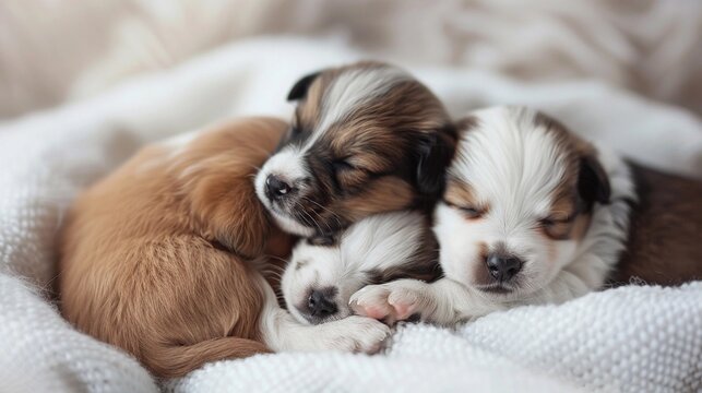 Snuggly Puppies, a litter of newborn puppies cuddled up together on a white blanket, with soft fur and sleepy expressions, background image, generative AI