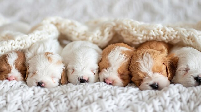 Snuggly Puppies, a litter of newborn puppies cuddled up together on a white blanket, with soft fur and sleepy expressions, background image, generative AI